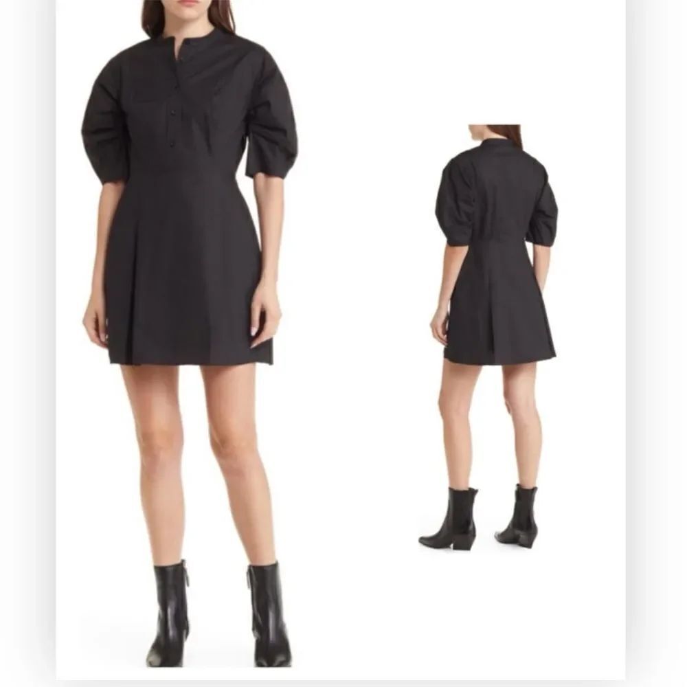 FRAME Puff Sleeve BLACK Organic Cotton A-Line Dress NWT $478